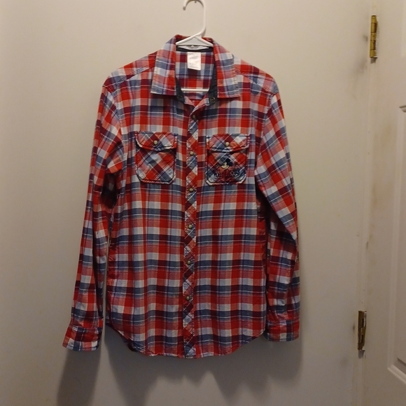 Disney Other - Disney Parks Mens S Graphic Shirt Red Plaid Pearl Snaps Mackey mouse emb…